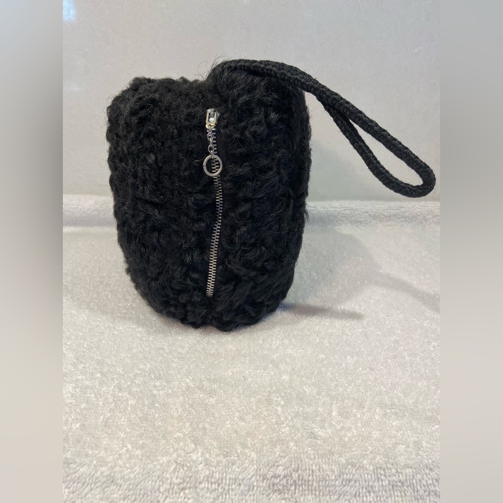Vintage Black Persian Lamb Astrakhan Faux Fur Hand Muff Strap Zip Pouch